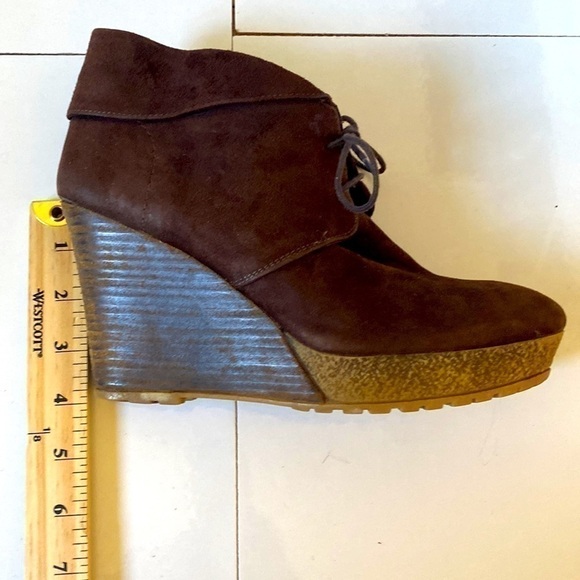 Chocolate Brown 💯 suede wedge booties. Lace up. Size 8. 4”  wooden wedge. - Picture 4 of 6